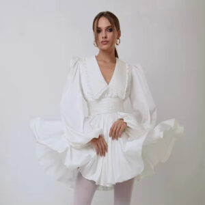 White Draped Long Sleeve Dress